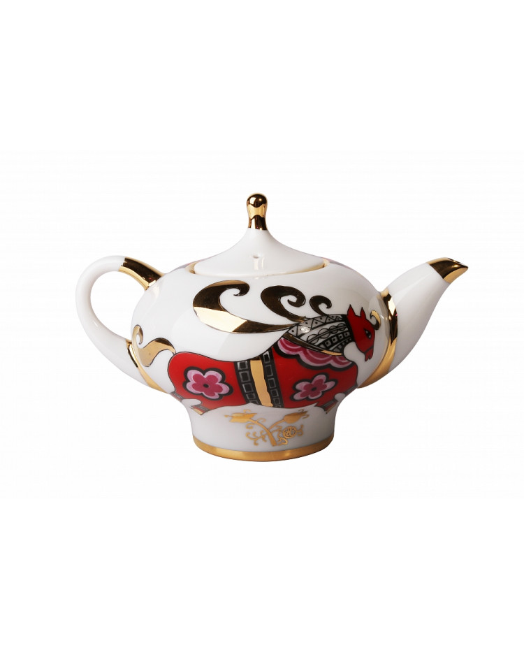 LOMONOSOV IMPERIAL PORCELAIN TEAPOT SET RED HORSE BIG AND SMALL